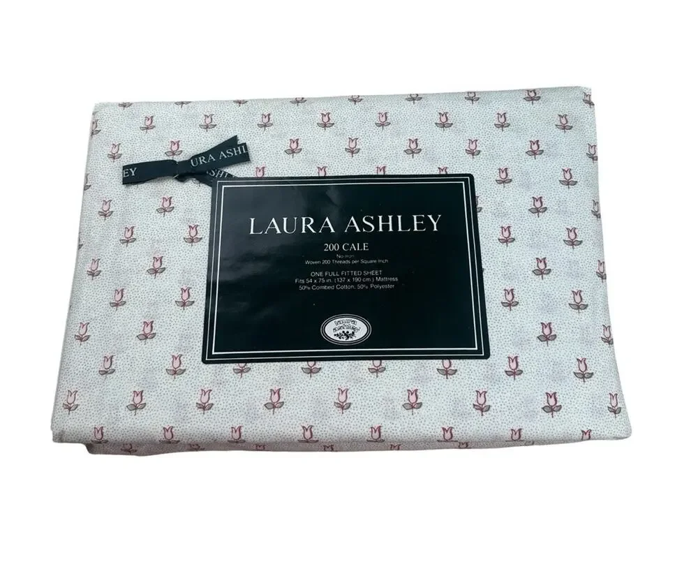 Vintage Laura Ashley 200 Cale Full Fitted Sheet Tulip Floral Pink Green READ